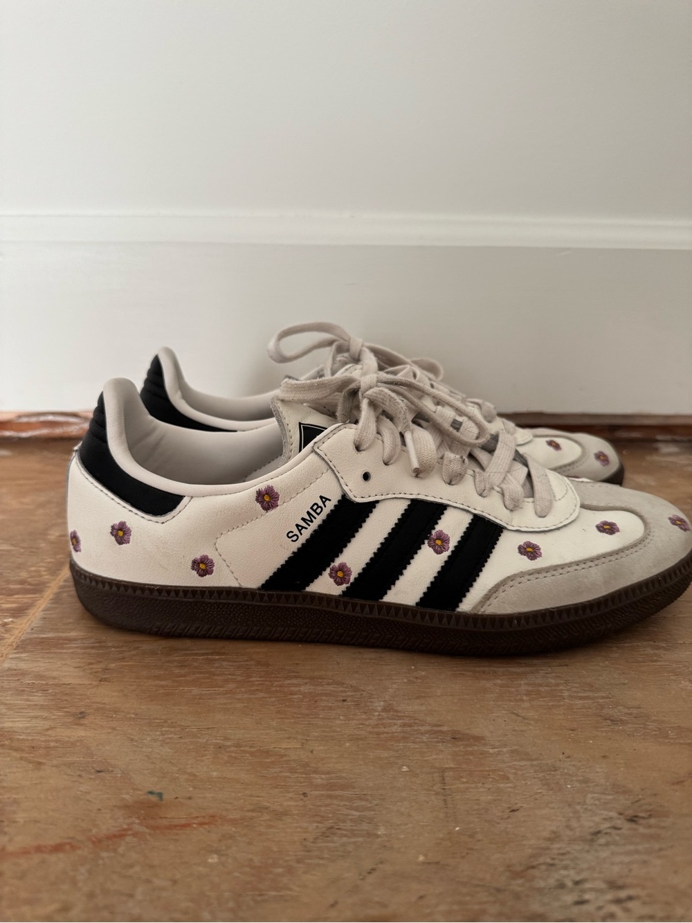 adidas Samba Sneakers in Cream with Black Stripes and Purple Floral Accents